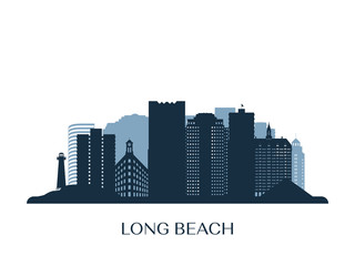 Long Beach skyline, monochrome silhouette. Vector illustration.