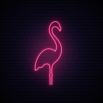 Pink flamingo neon sign. Flamingo signboard or light bulb banner. Vector illustration.