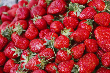 red ripe juicy strawberries on the market showcase fresh crop, selective focus