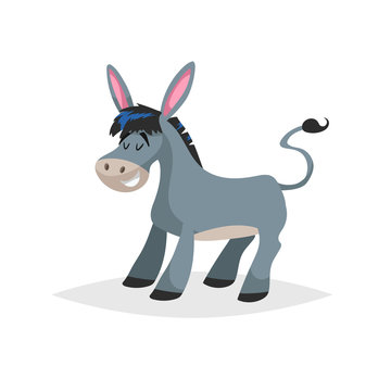 Cute cartoon donkey. Obstinate domestic farm animal. Vector illustration for education or comic needs. Vector drawing isolated on white background.