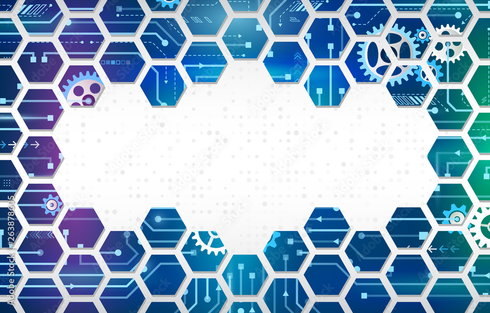 Poster Abstract technology background with hexagons and gear wheels, hi-tech elements. Cybernetic circuit board vector illustration. Futuristic composition for your text.
