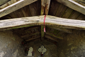 Fototapeta na wymiar Alpi Apuane, Forte dei Marmi, Lucca, Tuscany, Italy. Chapel-refuge. The roof with wooden beams.