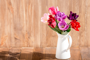 tulips bouquet in vase, colorful tulips flowers spring background