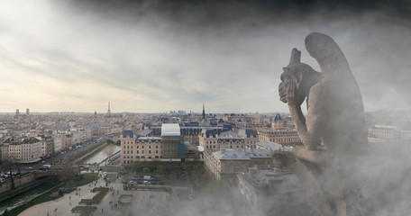 Fire smoke aroung a gargoyle on Notre Dame cathedral in Paris, France