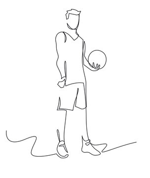 recommend clip art: Basketball player continuous one line drawing. Male sportsman holding ball hand drawn character.