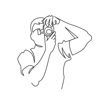 recommend clip art: Photographer continuous one line illustration. Man taking picture hand drawn illustration.