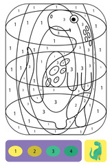 Cute dino coloring page for kids. Coloring puzzle with numbers of color