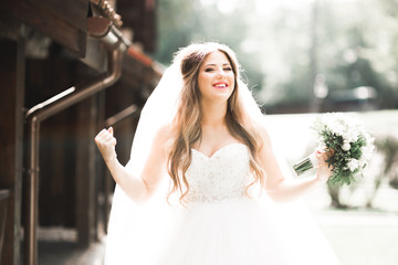 Naklejka premium Beautiful fashion bride in wedding dress posing