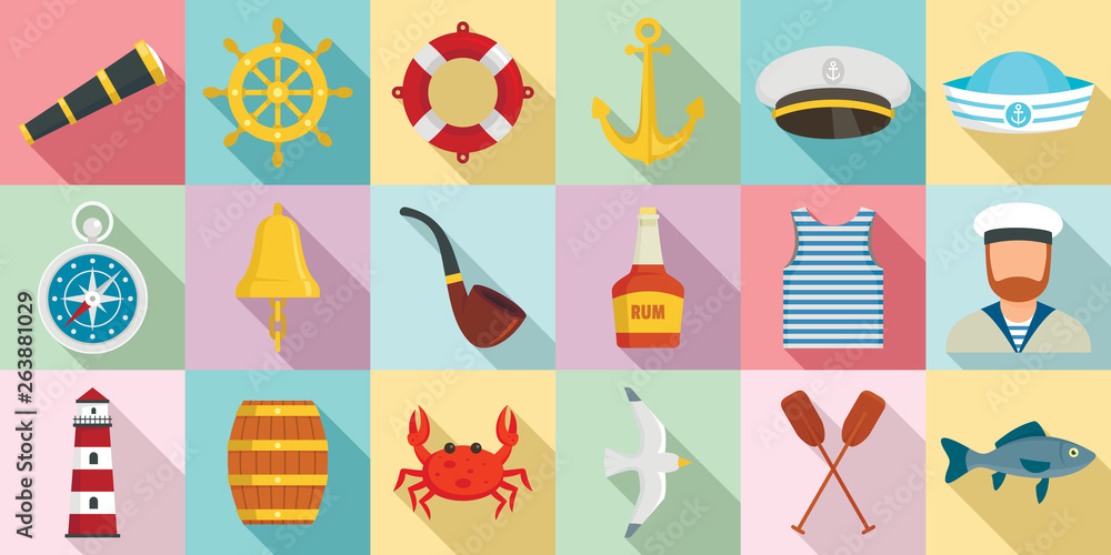 Poster sailor icons set. flat set of sailor vector icons for web design