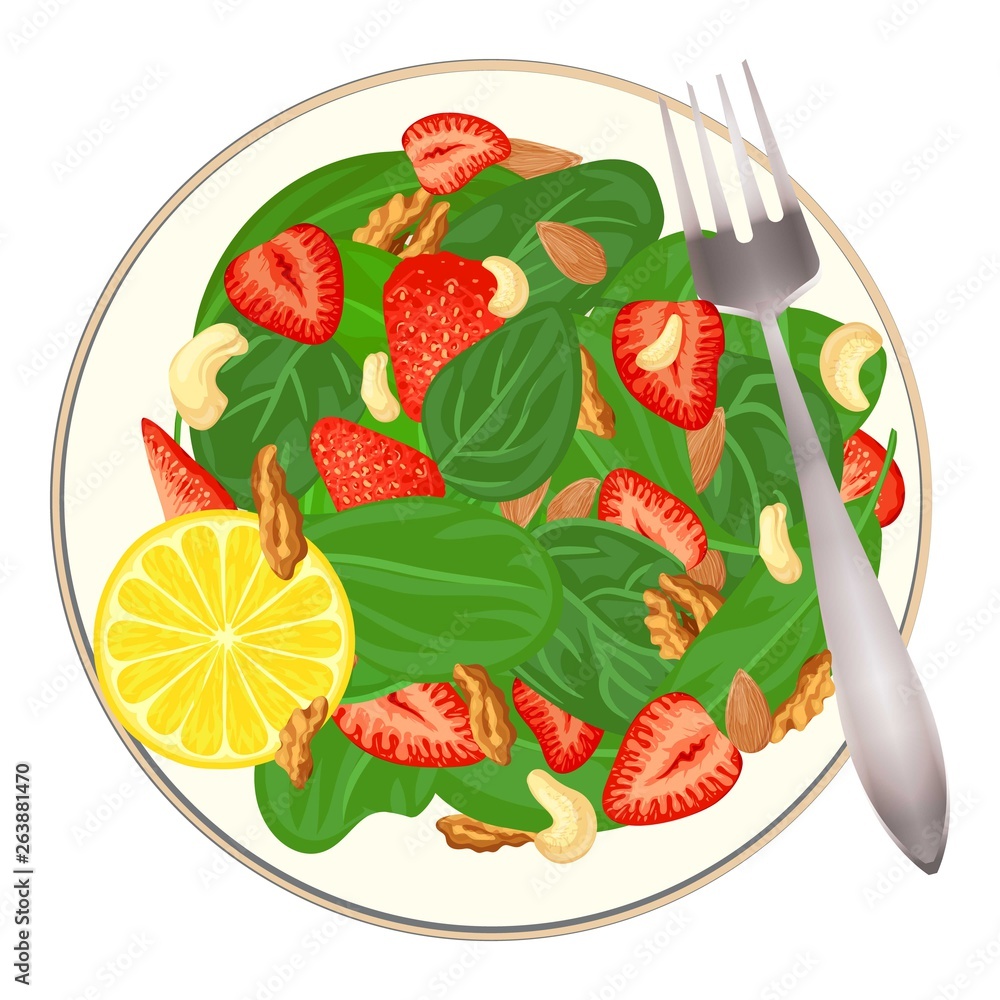 Poster spinach salad with nut and fruit icon. cartoon of spinach salad with nut and fruit vector icon for w