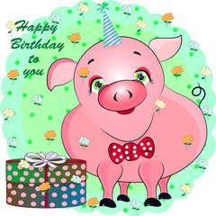 birthday greeting card with pink pig. cartoon vector illustration.