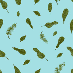 seamless pattern with green leafs on blue background