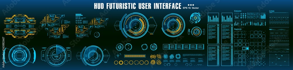 Poster HUD elements mega set pack. Dashboard display virtual reality technology screen. Futuristic user interface.