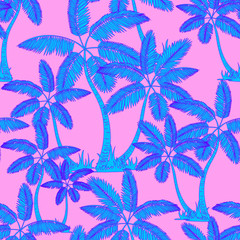 blue Seamless tropical palms pattern. Summer endless hand drawn vector pink background of palm trees can be used for wallpaper, wrapping paper, textile printing.