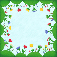 Spring background with green grass, colorful flowers and blue sky for your design. Square frame with plant elements