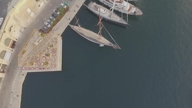AERIAL: Tilt Shot of sailboats in Bormla Harbour, Malta
