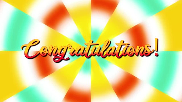 The text Congratulations, appearing over a beautiful rotating animation, in the style of 1970's movies (slow gears or geometric circular shapes).