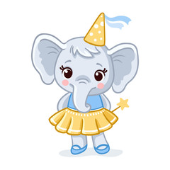 Little elephant stands in a beautiful yellow dress on a white background.