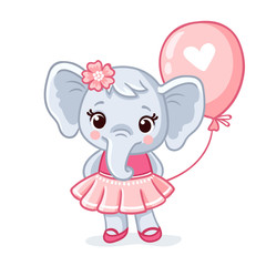 Small elephant stands in a beautiful pink dress on a white background.