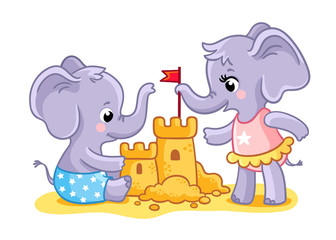 The elephants are playing on the beach in the sand. Animals build a castle.