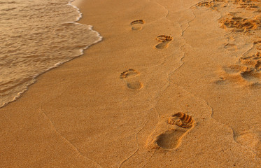 Footsteps in the wet golden sand on the beach by the sea in summer. Blurred motion a sea wave