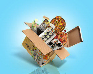 concept of product categories food fly out of the box 3d render on blue gradient background