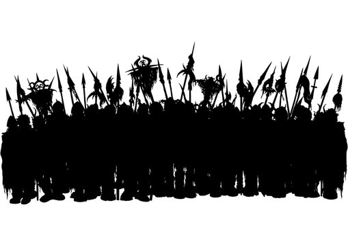 Fantasy silhouette of medieval army/ Illustration combined group of warriors in armor with banners and spears 