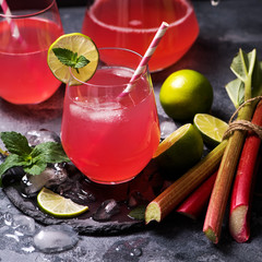Rhubarb drink with lime and mint, refreshing summer drink