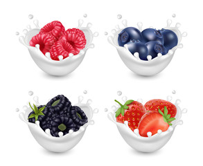 Berries yogurt set. Berries with milk splashes. 3d realistic vector