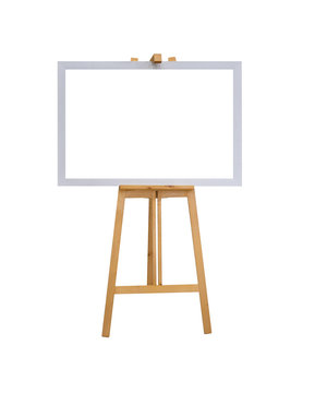 mock up empty blank white canvas board with realistic wooden easel stand isolated on white background with clipping path