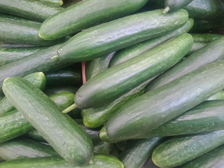 fresh cucumbers on the counter of a grocery store