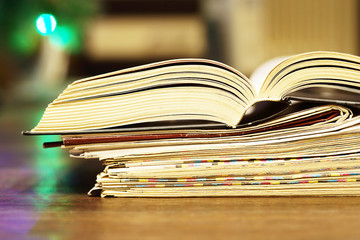 Old Book and Retro Newspapers. Magazines and Journals with News and Huge Foliant with Yellow Pages. Concept for Culture and Literature, Vintage Style  