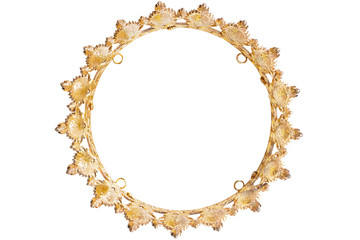 Golden crown top view.  Gold tiara for princess. Expensive jewelry. Decoration for king or queen, magic crown isolated on white background, close up      © photokozyr