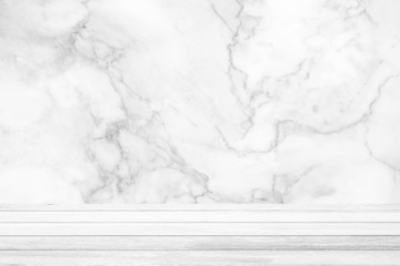 White Wood Table with Marble Background, Suitable for Product Display.
