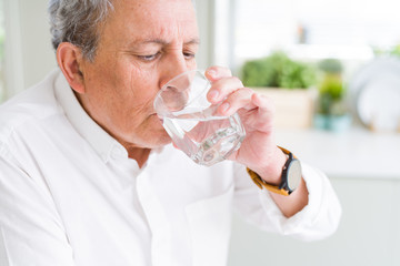 Fototapeta na wymiar Handsome senior man drinking a fresh glass of water at home