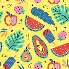 naadloos patroon met fruit en planten op gele achtergrond - vectorillustratie, eps