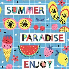 seamless pattern with summer paradise on blue background   - vector illustration, eps
