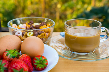 DSC06281 Hot coffee, cornflekes, boil eggs and ripe strawberry