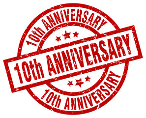 10th anniversary round red grunge stamp