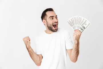 Handsome cheerful man wearing blank t-shirt