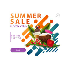 Summer sale, pop-up window with a discount banner for your website with coconut cocktail, strawberry, raspberry, cherry and ice cream on palm leaf