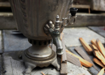 Russian samovar for tea in the yard. 