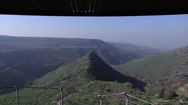 Footage over Gamla in Israel. Ancient jewish city in the Golan heights