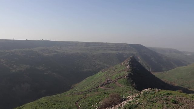 Footage over Gamla in Israel. Ancient jewish city in the Golan heights