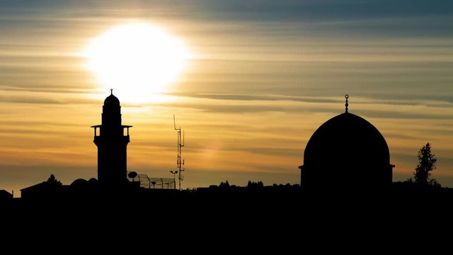 Mousque of Al-aqsa (Dome of the Rock) in Silhouette at Sunset, Old Town, Jerusalem, Israel