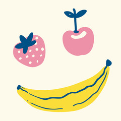 Smiling Face Fruit Vector. Strawberry, Cherry, Banana. © tanaya