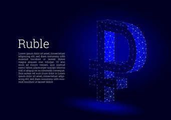 Russian ruble currency symbol icon, low poly design. Ruble coin bow made of triangular shapes, lines, and dots on dark blue background. Futuristic wireframe design, connection structure.