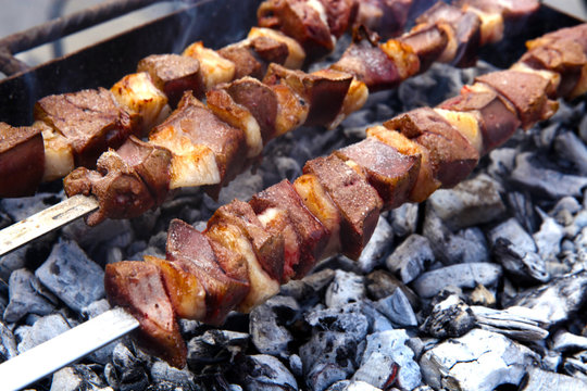 Turkish traditional meal called 'ciger' made by liver on a bbq 
