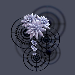 Composition of black gears and succulents on a gray background. Steampunk style. 3D illustration
