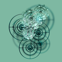 Abstract composition of black gears and glass figures on a green background. Steampunk style. 3D illustration